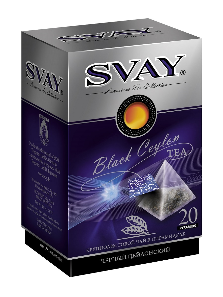 Svay Black Ceylon черный чай в пирамидках, 20 шт4607003042660 Svay Black Ceylon черный чай в пирамидках, 20 шт4607003042660Мировая классика – цейлонский черный чай. Svay Black Ceylon отличает мягкий, но насыщенный вкус высокогорного букета, изящно подчеркнутый фруктовыми нотами. Золотистый настой этого чая, словно зеркало, в котором отражается горячее солнце Шри-Ланки.
