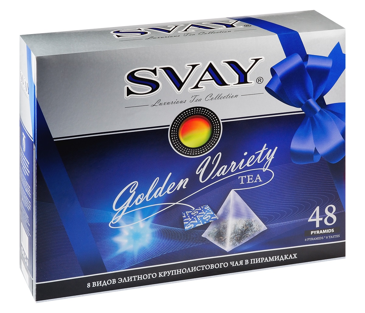 Svay Golden Variety набор чая в пирамидках, 48 шт (8 видов)4607003044725 Svay Golden Variety набор чая в пирамидках, 48 шт (8 видов)4607003044725Коллекция Svay Golden Variety - это элитные сорта чая, только натуральные компоненты и исключительно высшее качество продукта. Вкусы Luxurious Tea Collection мягкие, роскошные, благородные - результат уникального труда специалистов немецкой компании Teegarten. Как хорошее вино, они имеют несколько ступеней наслаждения. Сначала напиток раскрывается в аромате, затем при первом глотке и далее в послевкусии. Коллекция включает 8 видов крупнолистового чая высшего сорта в пирамидках: - Чай черный байховый цейлонский крупнолистовой - Чай черный байховый кенийский крупнолистовой - Чай черный байховый китайский крупнолистовой с черносливом - Чай черный байховый китайский крупнолистовой кимун с клубникой - Чай зеленый байховый китайский крупнолистовой - Чай зеленый байховый китайский крупнолистовой с цветами жасмина - Чай зеленый байховый китайский крупнолистовой улун с мятой - Чай травяной ройбуш с травами и малиной