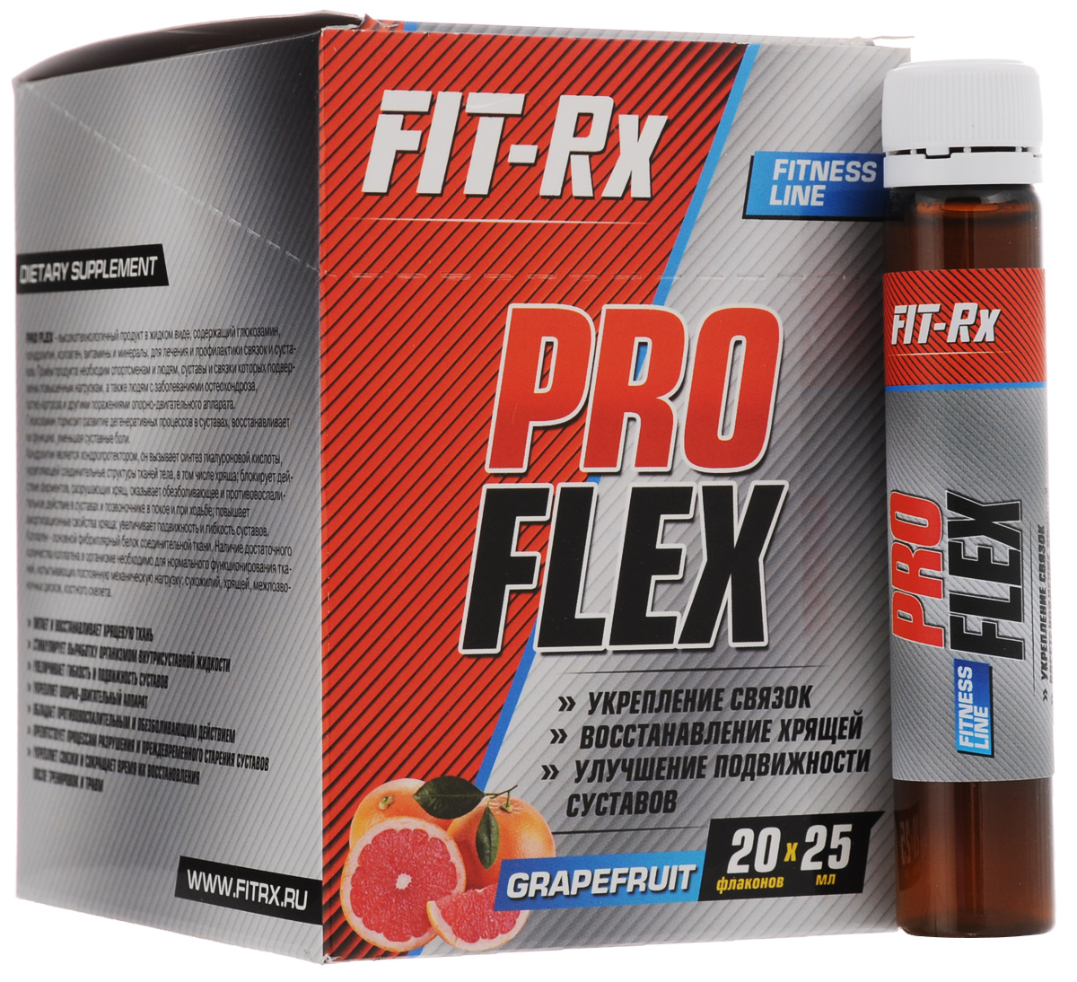 Препарат для суставов и связок FIT-RX Pro Flex, грейпфрут, 20 х 25 мл00740 Препарат для суставов и связок FIT-RX Pro Flex, грейпфрут, 20 х 25 мл00740FIT-RX Pro Flex – это высокотехнологичный продукт в жидком виде, содержащий глюкозамин, хондроитин, коллаген, витамины и минералы, предназначенный для лечения и профилактики связок и суставов. Прием продукта необходим спортсменам и людям, суставы и связки которых подвержены повышенным нагрузкам, а также людям с заболеваниями остеохондроза, остео-артроза и другими поражениями опорно-двигательного аппарата. Глюкозамин тормозит развитие дегенеративных процессов в суставах, восстанавливает их функцию, уменьшая суставные боли. Хондроитин является хондропротектором, он вызывает синтез гиалуроновой кислоты, укрепляющей соединительные структуры тканей тела, в том числе хряща, блокирует действие ферментов, разрушающих хрящ, оказывает обезболивающее и противовоспалительное действие в суставах и позвоночнике в покое и при ходьбе, повышает амортизационные свойства хряща, увеличивает подвижность и гибкость суставов. Коллаген - основной фибриллярный белок соединительной ткани. Наличие...