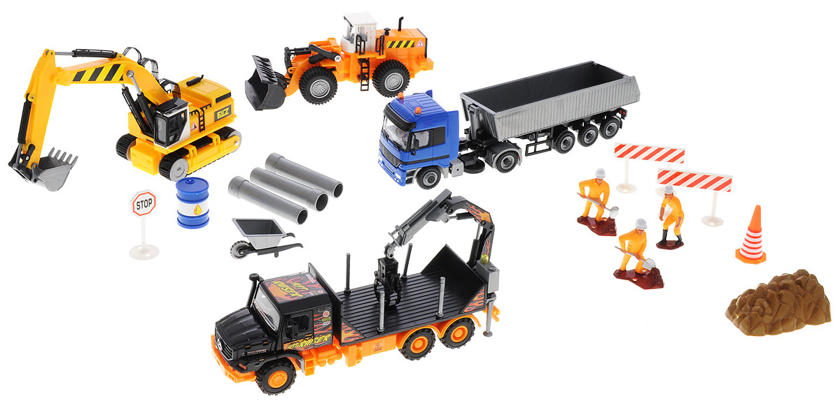 Dickie Toys Игровой набор Строительная техника3314557 Dickie Toys Игровой набор Строительная техника3314557Игровой набор Dickie Toys Строительная техника надолго привлечет внимание вашего ребенка. Набор включает в себя модели техники: гусеничный экскаватор, самосвал, машину с подъемным краном и строительный трактор с ковшом. Кроме строительной техники в наборе имеются три фигурки рабочих, дорожные знаки и аксессуары. Машинки выполнены из пластика с элементами металла, хорошо детализированы и имеют подвижные части. Модели техники выполнены в масштабе 1:43. Ребристые прорезиненные колеса техники обеспечивают надежное сцепление с любой поверхностью пола. Все элементы набора выполнены из яркого безопасного пластика. Ваш ребенок будет часами играть с набором, придумывая различные истории. Порадуйте его таким замечательным подарком!