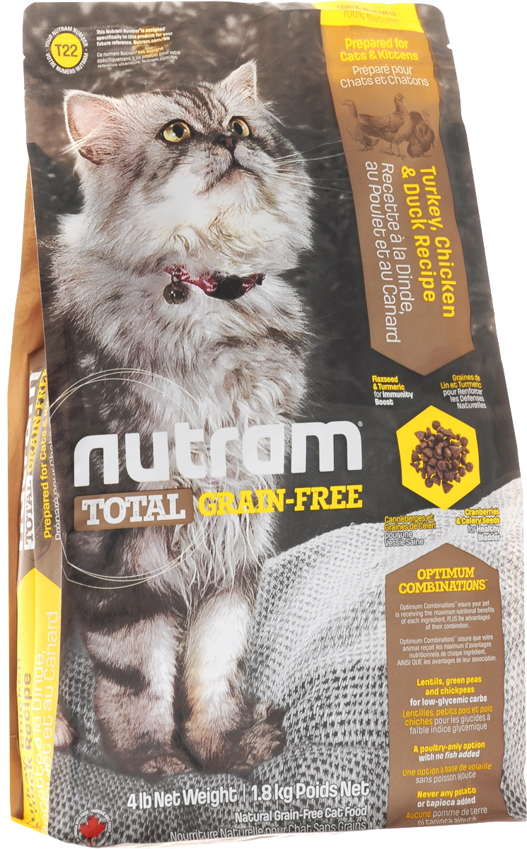 Корм сухой Nutram, для кошек и котят, беззерновой, с мясом индейки, курицы и утки, 1,8 кг82754 Корм сухой Nutram, для кошек и котят, беззерновой, с мясом индейки, курицы и утки, 1,8 кг82754Беззерновой сухой корм Nutram - натуральное и полноценное питание с низким гликемическим индексом углеводов. Улучшает самочувствие и здоровье домашних питомцев по принципу изнутри наружу. Подход Nutram к целостному питанию начинается со здорового развития. Рецептура корма Nutram соответствует возрастным нормам питания для кошек, установленным ассоциацией AAFCO. Он содержит в себе мясо индейки, курицы и утки. Состав: мясо индейки без костей, дегидрированное мясо курицы, чечевица, цельные яйца, зеленый горошек, бараний горох, куриный жир, натуральный ароматизатор курицы, мясо утки без костей, льняное семя, тыква, брокколи, киноа, хлорид холина, сушеная клюква, гранат, малина, листовая капуста, морская соль, корень цикория (пребиотик), витамины и минералы (витамин E, С, B3, А, B1, B5, B6, B2, D3, B9, B7, B12, бета-каротин, протеинат цинка, сульфат железа, оксид цинка, протеинат железа, сульфат меди, протеинат меди, протеинат марганца, оксид марганца, иодат...