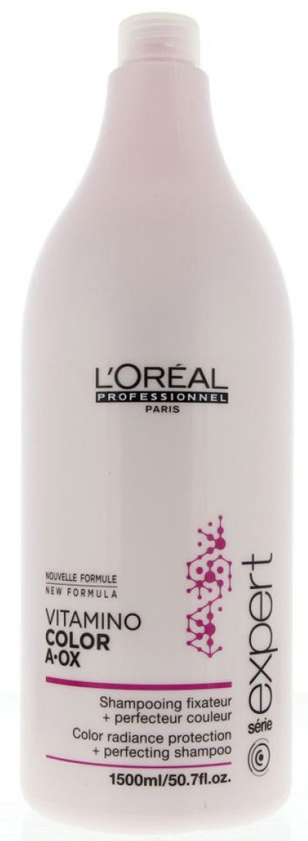LOreal Professionnel Expert Vitamino Шампунь-фиксатор цвета Color AOX 1500 млE0714649 LOreal Professionnel Expert Vitamino Шампунь-фиксатор цвета Color AOX 1500 млE0714649Шампунь Vitamino Color, благодаря своему сбалансированному составу, бережно очищает окрашенные волосы, дарит им красоту и блеск, обеспечивая ухоженный внешний вид локонов и сохраняя яркость их цвета. В состав шампуня входят растительные компоненты, придающие волосам мягкость, делающие их послушными и сильными. Средство обеспечивает волосам защиту он внешних негативных воздействий (ультрафиолетовое излучение, регулярные укладки и т.п.). Шампунь Vitamino Color укрепляет волосы и помогает им надолго сохранить яркий оттенок и блеск. При применении данного шампуня даже спустя долгое время после окрашивания волосы сохраняют насыщенный цвет. Они остаются гладкими, красивыми и ухоженными, как будто вы только что посетили салон.