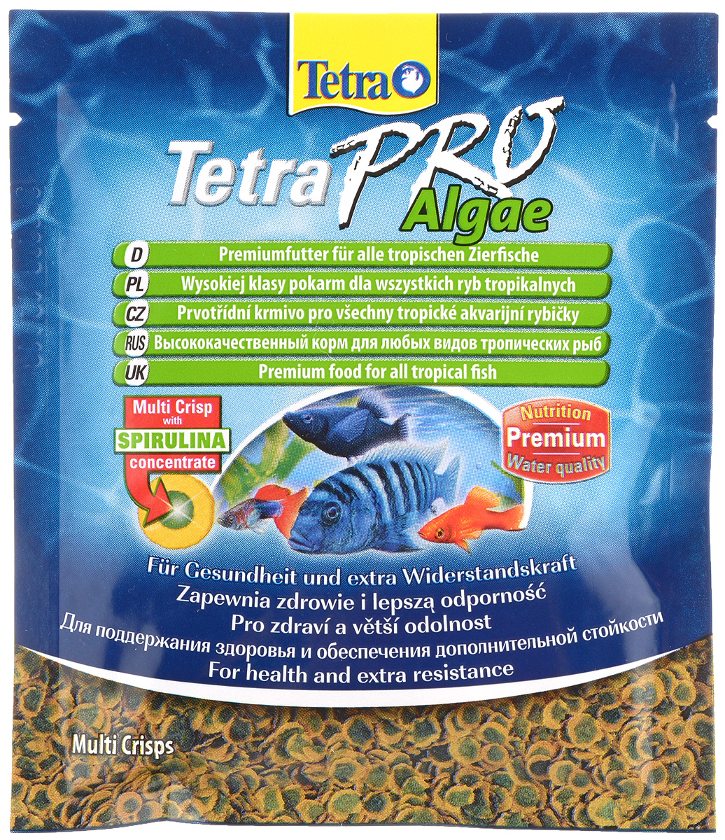 Корм Tetra TetraPro. Algae для всех видов тропических рыб, чипсы, 12 г149397 Корм Tetra TetraPro. Algae для всех видов тропических рыб, чипсы, 12 г149397Полноценный высококачественный корм Tetra TetraPro. Algae для всех видов тропических рыб разработан для поддержания здоровья и придания дополнительной стойкости. Особенности Tetra TetraPro. Algae: - щадящая низкотемпературная технология изготовления для высокой питательной ценности и стабильности витаминов; - концентрат спирулина для повышения сопротивляемости организма; - инновационная форма чипсов для минимального загрязнения воды; - идеально подходит для растительноядных рыб; - легкое кормление. Рекомендации по кормлению: кормить несколько раз в день маленькими порциями. Состав: рыба и побочные рыбные продукты, зерновые культуры, экстракты растительного белка, дрожжи, моллюски и раки, масла и жиры, водоросли (спирулина 1%). Аналитические компоненты: сырой белок - 46%, сырые масла и жиры - 12%, сырая клетчатка - 3%, влага - 9%. Добавки: витамины, провитамины и химические вещества с аналогичным воздействием,...