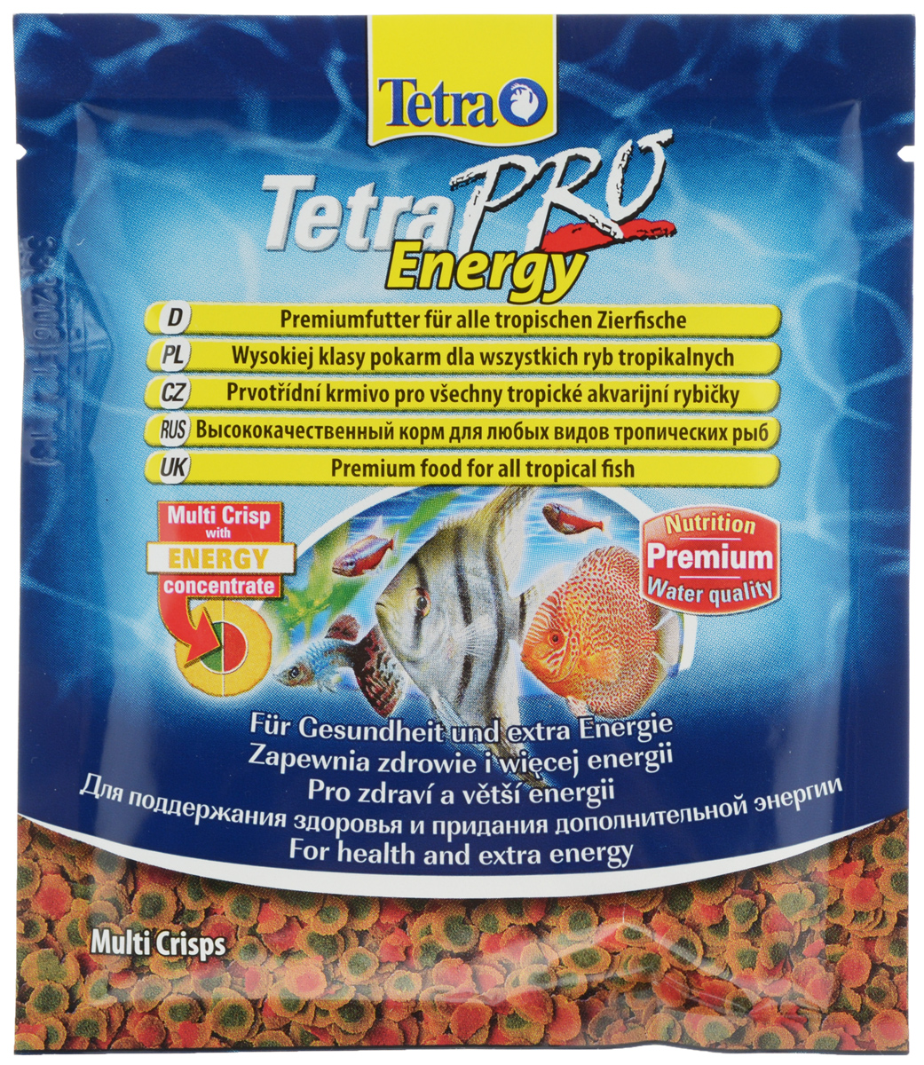 Корм Tetra TetraPro. Energy для всех видов тропических рыб, чипсы, 12 г149335 Корм Tetra TetraPro. Energy для всех видов тропических рыб, чипсы, 12 г149335Полноценный высококачественный корм Tetra TetraPro. Energy для всех видов тропических рыб разработан для поддержания здоровья и придания дополнительной энергии. Особенности Tetra TetraPro. Energy: - щадящая низкотемпературная технология изготовления обеспечивает высокую питательную ценность и стабильность витаминов; - энергетический концентрат для дополнительной энергии; - инновационная форма чипсов для минимального загрязнения воды отходами; - легкое кормление. Рекомендации по кормлению: кормить несколько раз в день маленькими порциями. Состав: рыба и побочные рыбные продукты, зерновые культуры, экстракты растительного белка, дрожжи, моллюски и раки, масла и жиры, водоросли, сахар. Аналитические компоненты: сырой белок - 46%, сырые масла и жиры - 12%, сырая клетчатка - 2,0%, влага - 9%. Добавки: витамины, провитамины и химические вещества с аналогичным воздействием: витамин А 29880 МЕ/кг, витамин Д3 1865 МЕ/кг,...