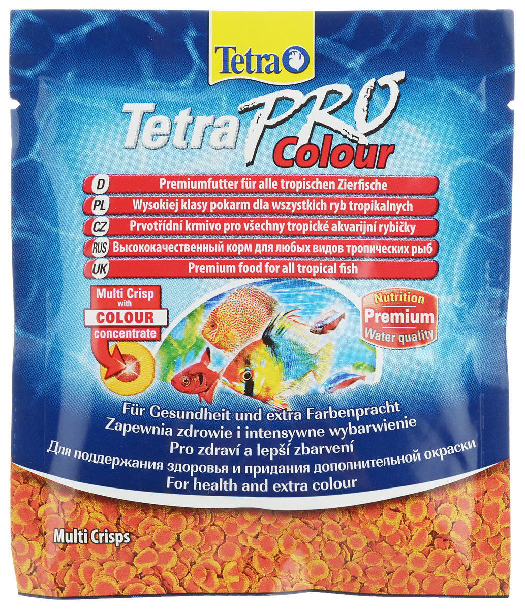 Корм Tetra TetraPro. Color для улучшения окраса всех видов декоративных рыб, чипсы, 12 г149366 Корм Tetra TetraPro. Color для улучшения окраса всех видов декоративных рыб, чипсы, 12 г149366Корм Tetra TetraPro. Color - кормовые чипсы, предназначенные для улучшения яркости окраса декоративных рыбок. В составе имеется высокое содержание каротиноидов, которые усиливают яркий естественный окрас рыбок. При регулярном кормлении усиление цвета заметно уже через две недели. Кормить рыбок чипсами необходимо маленькими дозами и несколько раз в сутки. Состав: рыба и побочные рыбные продукты, зерновые культуры, экстракты растительного белка, дрожжи, моллюски и раки, масла и жиры, водоросли, сахар. Аналитические компоненты: сырой белок - 46%, сырые масла и жиры - 12%, сырая клетчатка - 3%, содержание влаги - 9%. Товар сертифицирован.