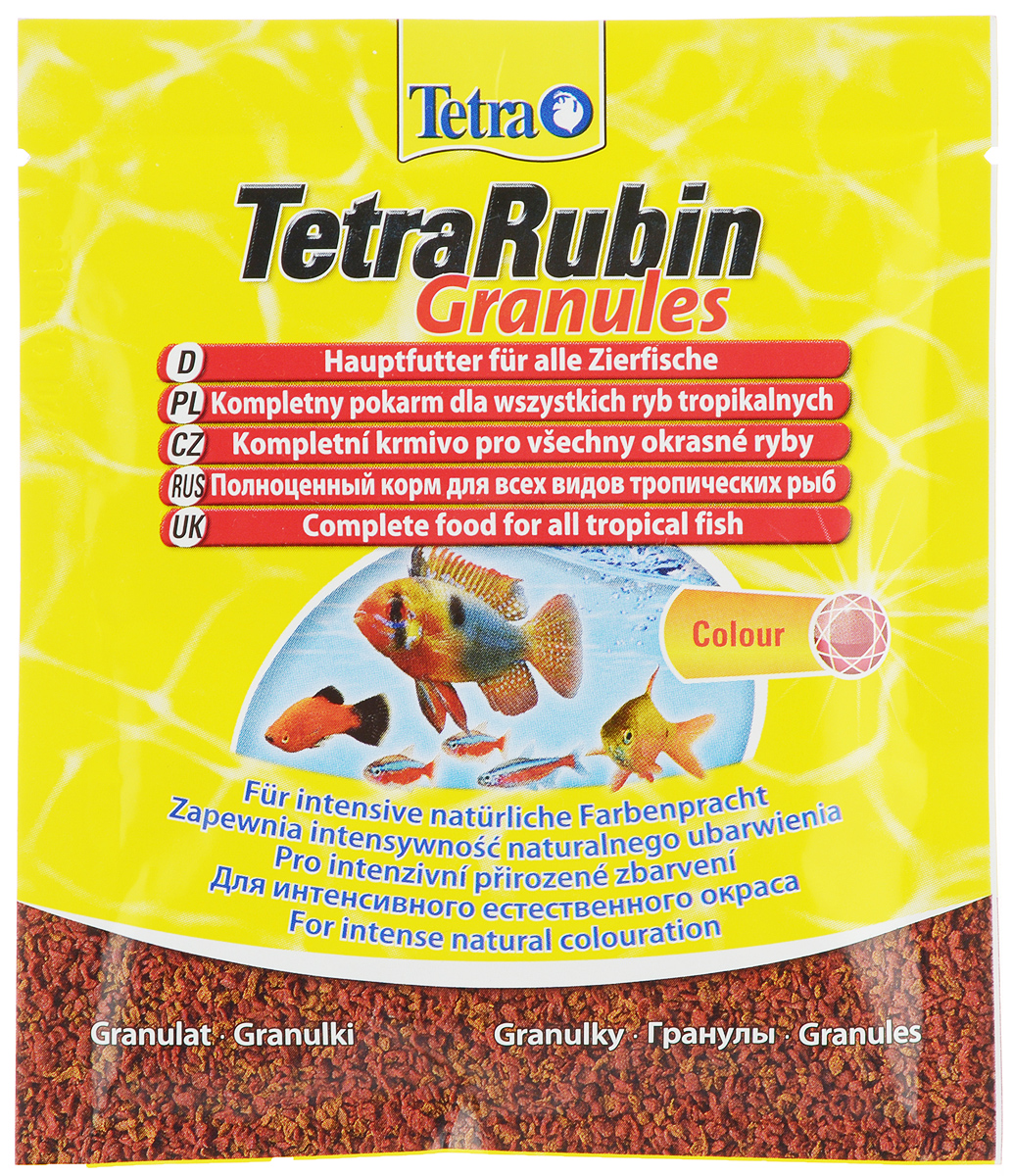 Корм Tetra TetraRubin. Granules для улучшения окраса всех видов рыб, гранулы, 15 г193765 Корм Tetra TetraRubin. Granules для улучшения окраса всех видов рыб, гранулы, 15 г193765Корм Tetra TetraRubin. Granules - это биологически сбалансированный корм для здоровья и красивого окраса рыб. Превосходная смесь со специальным комплексом усилителей цвета обеспечивает полноценное питание рыб и подходит для ежедневного кормления. Особенности корма: -высокое содержание усилителей естественного цвета обеспечивает красивый окрас для всех красных, оранжевых и желтых тропических рыб, -эффект усиления цвета заметен уже через две недели, -медленно погружающиеся гранулы идеально подходят для всех видов рыб, питающихся в средних слоях воды. Рекомендации по кормлению: кормите несколько раз в день маленькими порциями. Состав: рыба и побочные рыбные продукты, экстракты растительного белка, зерновые культуры, растительные продукты, дрожжи, моллюски и раки, водоросли, минеральные вещества, масла и жиры. Пищевая ценность: сырой белок - 47,5%, сырые масла и жиры - 6,5%, сырая клетчатка - 2%, влага - 6%. Добавки: витамины,...