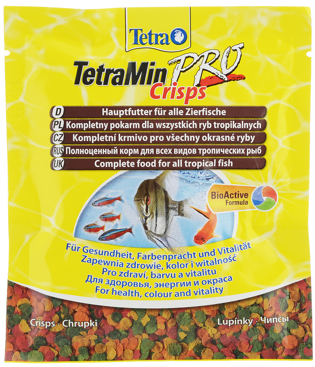 Корм Tetra TetraMin Pro. Crisps для всех видов тропических рыб, чипсы, 12 г149304 Корм Tetra TetraMin Pro. Crisps для всех видов тропических рыб, чипсы, 12 г149304Корм Tetra TetraMin Pro. Crisps - основной корм для всех видов тропических декоративных рыб. Благодаря низкотемпературной технологии изготовления, корм очень питателен. При производстве сохраняются важные питательные вещества. Оптимальное сочетание жиров и протеинов позволяет эффективнее использовать питательные вещества и гарантирует лучшее усвоение корма. Запатентованная БиоАктив-формула поддерживает здоровую иммунную систему рыб. При регулярном кормлении TetraMin Pro. Crisps сокращается концентрация нитратов, и улучшается качество воды. Кормить несколько раз в день небольшими порциями. Состав: рыба и побочные рыбные продукты, зерновые культуры, экстракты растительного белка, дрожжи, моллюски и раки, масла и жиры, водоросли. Аналитические компоненты: сырой белок - 46%, сырые масла и жиры - 12%, сырая клетчатка - 3%, содержание влаги - 8%. Товар сертифицирован.