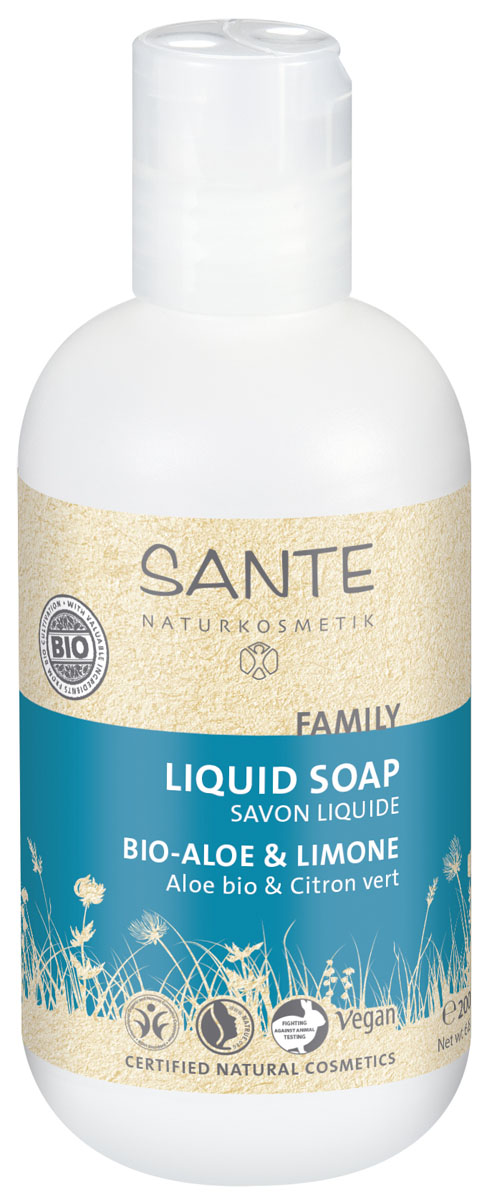 SANTE FAMILY Жидкое мыло с Био-Алоэ и Лимоном, 200 мл42515 SANTE FAMILY Жидкое мыло с Био-Алоэ и Лимоном, 200 мл42515С цитрусовым ароматом, это мыло нежно и тщательно очищает кожу. Мягкий состав с био-соком алоэ вера и био-лимоном увлажняет руки и ухаживает за ними.