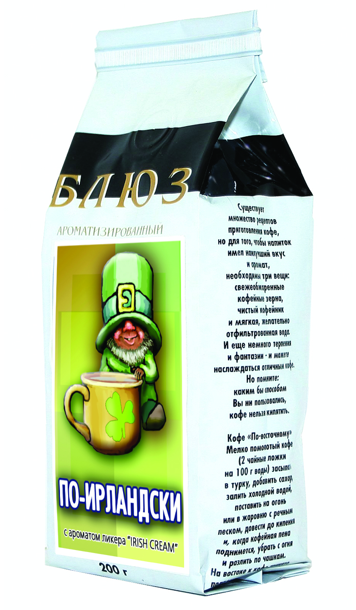 Блюз Ароматизированный По-ирландски (Irish Cream) кофе в зернах, 200 г4600696120059 Блюз Ароматизированный По-ирландски (Irish Cream) кофе в зернах, 200 г4600696120059Блюз По-ирландски - самый популярный сорт ароматизированного кофе. Феерическое сочетание лучших сортов кофе Арабика, ирландского виски и сливок. Обладает мягким, насыщенным вкусом, с характерным ароматом, присущим ликерам Baileys и Carolines.