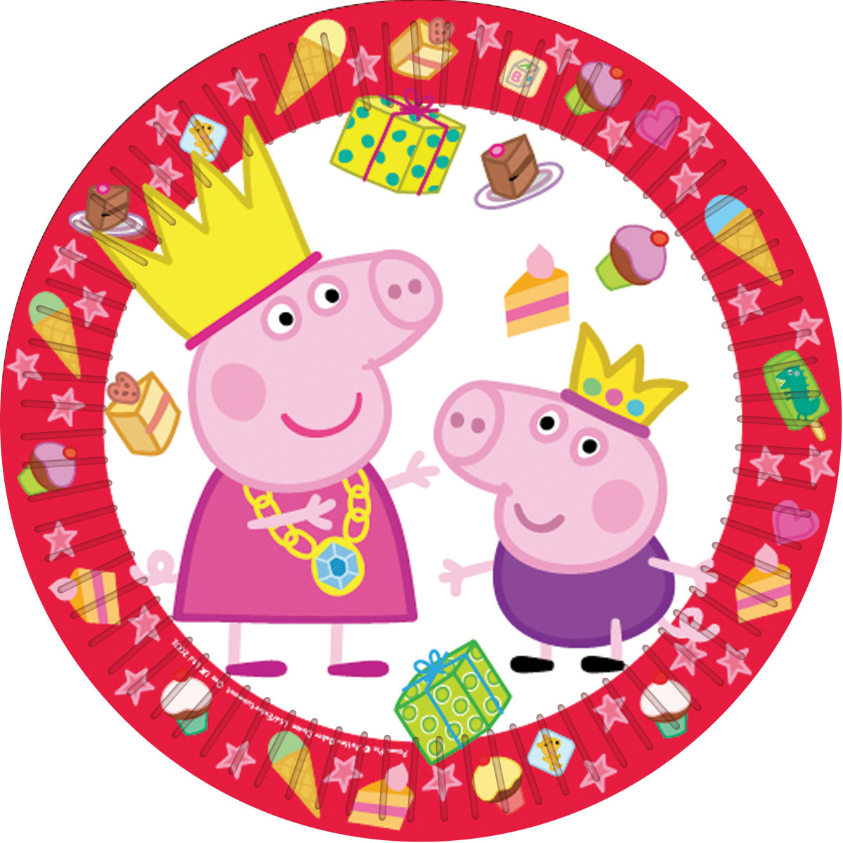 Peppa Pig Тарелка Пеппа-принцесса 6 шт28555 Peppa Pig Тарелка Пеппа-принцесса 6 шт28555Одноразовые тарелки Пеппа-принцесса Свинка Пеппа с ярким, жизнерадостным дизайном стильно украсят праздничный стол и поднимут всем настроение. А на пикнике они просто необходимы! Их практическую пользу невозможно переоценить: они почти невесомы, не могут разбиться, их не надо мыть. Сделанные из плотной бумаги, они абсолютно безопасны и, благодаря глянцевому ламинированию, прекрасно удерживают еду. В наборе 6 бумажных тарелок диаметром 23 см. Упаковка - пакет с хедером. Из данной серии вы также можете выбрать скатерть, стаканы, язычки, колпаки, дудочки, подарочный набор посуды, приглашение в конверте, хлопушки и другие товары.