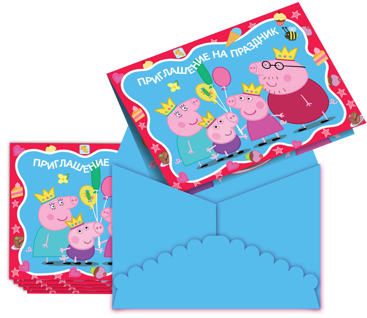 Peppa Pig Приглашение в конверте Пеппа-принцесса 6 шт28563 Peppa Pig Приглашение в конверте Пеппа-принцесса 6 шт28563Чтобы праздник удался на славу, создайте гостям праздничное настроение задолго до начала торжества. В этом отлично помогут яркие и привлекательные приглашения с веселыми героями мультфильма Свинка Пеппа. Получив их, приглашенные окунутся в сказочную атмосферу и почувствуют приближение настоящего чуда. А что может быть волшебнее детского праздника! В наборе Пеппа-Принцеса 6 красочных приглашений в конвертах. Размер конверта и приглашения в сложенном виде: 12,5 х 9 см. Размер приглашения в развернутом виде: 12,5 х 18 см.
