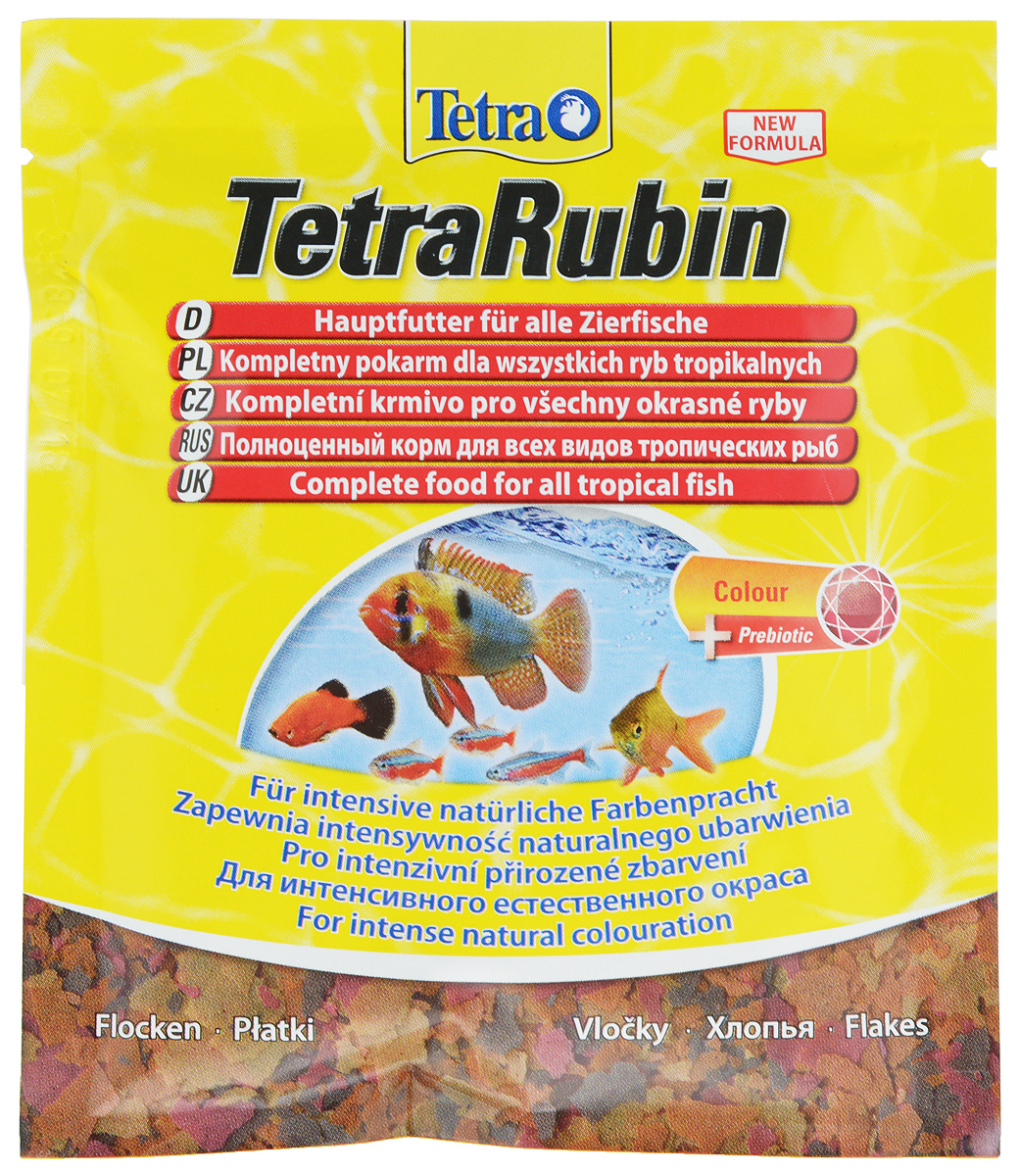 Корм Tetra TetraRubin для улучшения окраса всех видов тропических рыб, 12 г766396 Корм Tetra TetraRubin для улучшения окраса всех видов тропических рыб, 12 г766396Корм Tetra TetraRubin - биологически сбалансированный корм в виде хлопьев с натуральными добавками для усиления естественной окраски рыб. Высокое содержание усилителей естественного цвета и специальных ингредиентов обеспечивает красивый окрас для всех красных, оранжевых и желтых тропических рыб. Эффект усиления цвета заметен уже через две недели кормления. Корм содержит полноценный сбалансированный комплекс витаминов, питательных веществ и микроэлементов. Запатентованная БиоАктив-формула поддерживает работоспособность иммунной системы, обеспечивая высокую продолжительность жизни. Стабилизированный витамин С обеспечивает повышенную устойчивость организма рыбы к болезням, ускоряет рост и устраняет симптомы болезней, связанных с недоеданием. Кормить несколько раз в день небольшими порциями. Состав: рыба и побочные рыбные продукты, зерновые культуры, дрожжи, экстракты растительного белка, моллюски и раки, масла и жиры, сахар (олигофруктоза 0,9%),...