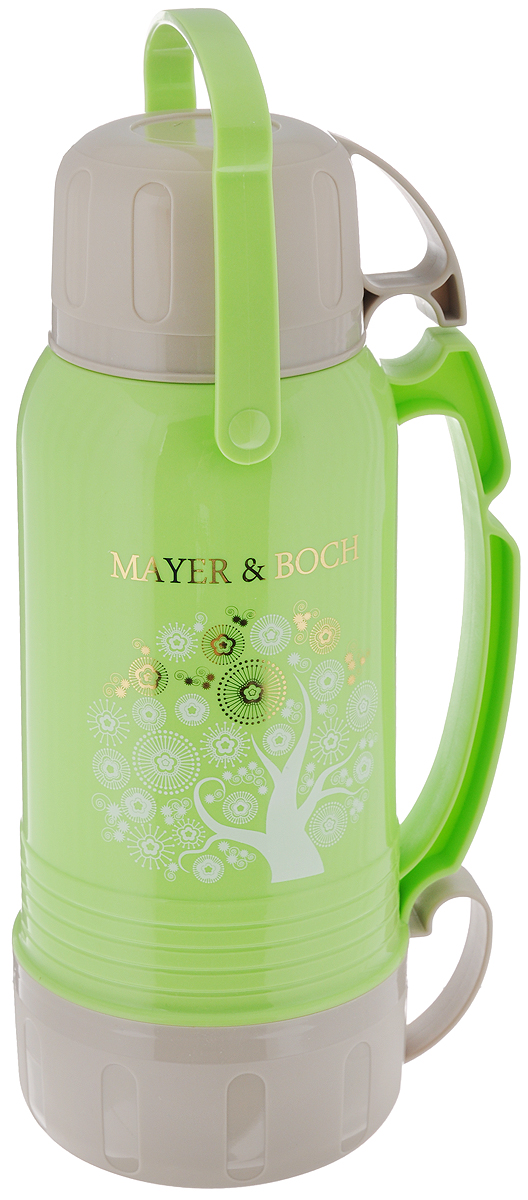 Термос Mayer & Boch, с чашами, цвет: салатовый, бежевый, золотистый, 1,8 л. 2260222602_салатовый Термос Mayer & Boch, с чашами, цвет: салатовый, бежевый, золотистый, 1,8 л. 2260222602_салатовыйТермос Mayer & Boch со стеклянной колбой в полипропиленовом корпусе является одним из востребованных в России. Его температурная характеристика ни в чем не уступает термосам со стальными колбами, но благодаря свойствам стекла этот термос может быть использован для заваривания напитков с устойчивыми ароматами. Изделие оснащено двумя эргономичными ручками. В комплекте с термосом - две чаши разных размеров и дополнительный стакан. Завинчивающаяся герметичная крышка предохранит от проливаний. Температура напитков сохраняется на длительное время. Термос Mayer & Boch станет не только надежным другом в походе, но и отличным украшением вашей кухни. Общий размер термоса (с учетом чашек): 15 х 13 х 25,2 см. Диаметр горлышка термоса (по верхнему краю): 5,1 см. Внутренний диаметр горлышка термоса: 3,3 см. Диаметр малой чаши (по верхнему краю): 10 см. Высота малой чаши: 6,8 см. Диаметр большой чаши (по верхнему краю): 13,8 см. ...
