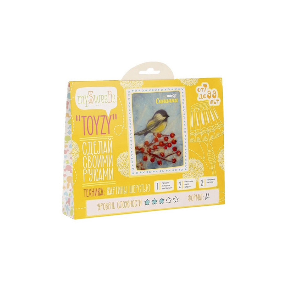 Картина шерстью Toyzy Синичка, 29,7 см х 21 см. TZ-P022582270 Картина шерстью Toyzy Синичка, 29,7 см х 21 см. TZ-P022582270Набор для изготовления картин из шерсти Toyzy включает в себя: детальную инструкцию; все необходимые материалы и инструменты (в т.ч. шерсть, пинцет, подложку, дополнительные элементы). Шерсть, содержащаяся в наборе, является 100% натуральной и качественной.