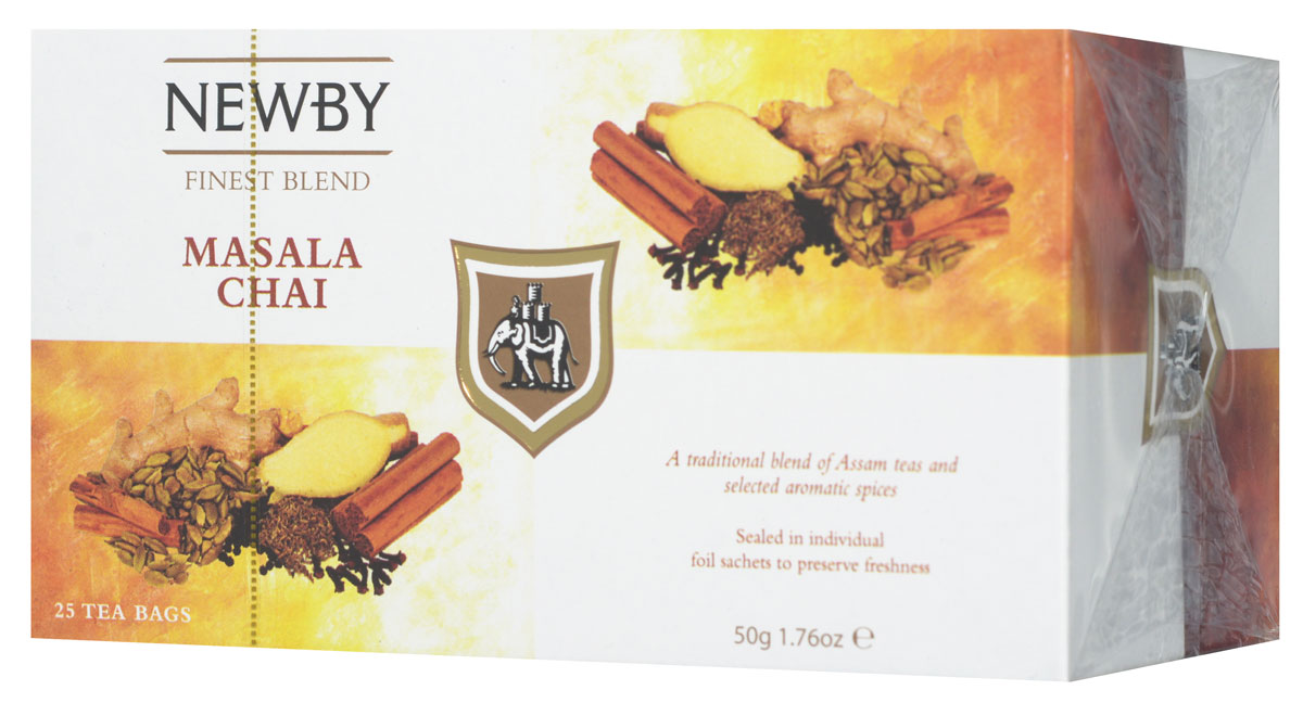 Newby Masala Chai черный чай со специями в пакетиках, 25 шт311450 Newby Masala Chai черный чай со специями в пакетиках, 25 шт311450Черный листовой чай Newby Masala Chai - это особый купаж, в который входят листья черного чая и ароматные специи. У напитка насыщенный и богатый вкус, который имеет легкие солодовые нотки и пряное, слегка острое послевкусие. Newby Masala Chai прекрасно согревает организм, создавая ощущение, что тепло растекается внутри тела. Рекомендуется подавать этот чай с молоком, медом, лимоном или сахаром.