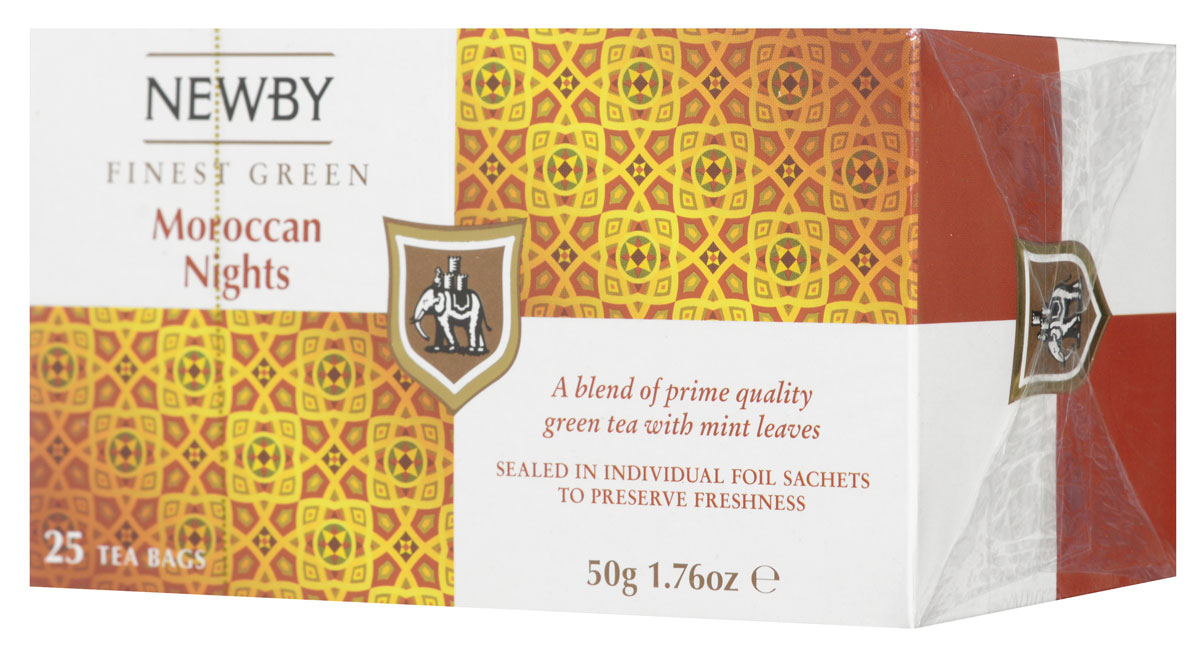 Newby Moroccan Nights зеленый чай с мятой в пакетиках, 25 шт311720 Newby Moroccan Nights зеленый чай с мятой в пакетиках, 25 шт311720В Марокко местные жители приветствуют своих гостей зеленым чаем с ярким мятным послевкусием. Чай Newby Moroccan Nights отдает дань уважения этой традиции и предлагает купаж, который гармонично сочетает в себе лучший зеленый чай и ароматные весенние листочки марокканской мяты. Яркий и сбалансированный вкус чая Moroccan Nights благоухает пряным, чистым мятным вкусом и обладает освежающим послевкусием.