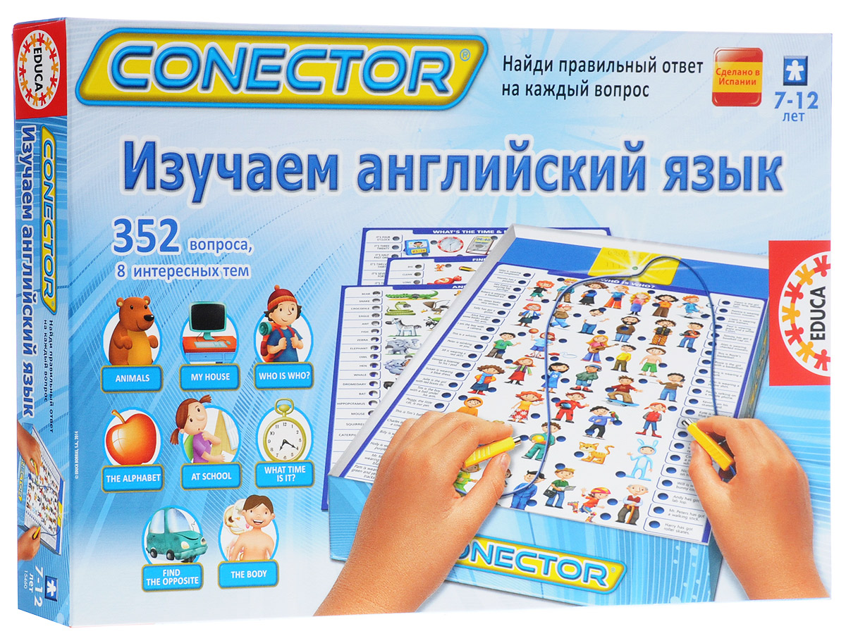 Электровикторина Educa Conector Изучаем английский язык15460 Электровикторина Educa Conector Изучаем английский язык15460Электровикторина Educa Conector Изучаем английский язык - это увлекательная игра в вопросы и ответы, которая поможет детям открыть и узнать много нового в различных областях знаний. Вопросы по каждой теме были разработаны профессиональными педагогами с учетом детской психологии. Вопросы соединяются с ответами посредством электронной схемы. Правильные ответы на всех карточках расположены по-разному, поэтому ребенок не может схитрить и должен руководствоваться собственными знаниями. Одновременно может играть один и более игроков. Комплект игры состоит из электронной схемы для самопроверки и 8 иллюстрированных карточек, содержащих 352 вопроса на самые разнообразные и интересные темы: My House, Find The Opposite, What Time is it?, At School, Who is Who?, Animals, At Alphabet, The Body. Также прилагается инструкция на русском языке.