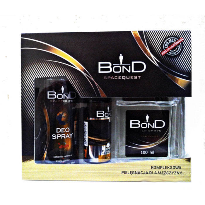 Bond Мужской Подарочный Набор Spacequest (дезодорант DEO 150 ML + лосьон после бритья AS 100 ML+ пена для бритья PDG 50 ML)5901501015959 Bond Мужской Подарочный Набор Spacequest (дезодорант DEO 150 ML + лосьон после бритья AS 100 ML+ пена для бритья PDG 50 ML)5901501015959Классическая линия, пользующаяся большей заинтересованностью клиентов. Свой успех он обязан типично мужской ароматической композиции и правильно подобранным ингредиентам с смягчающим и увлажняющим действием. Запах: Сочетание композиций из свежих цветов с пряными ароматами Косметика серии Bond были разработаны с мыслью о специфических требованиях мужской кожи. Их характеризует повышенная эффективность и удобство использования. Отличает инновационная формула, натуральные компоненты и, прежде всего, мужественный, классический аромат, который сохраняется на коже до 24 часов.