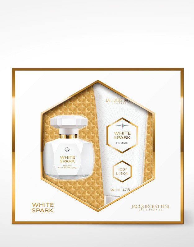 Jacgues Battini Cosmetics Подарочный Набор (Духи для женщин Spark White 50мл + лосьон для тела Spark White 200 мл)5902020049975 Jacgues Battini Cosmetics Подарочный Набор (Духи для женщин Spark White 50мл + лосьон для тела Spark White 200 мл)5902020049975аромат для женщин, принадлежит к группе ароматов цветочные фруктовые сладкие. White выпущен в 2012. Верхние ноты: Мандарин, Груша и Красные ягоды; ноты сердца: Гардения, Жасмин, Франжипани и Белая фрезия; ноты базы: Пачули, и Мускус. Diamond Jacques Battini - это аромат для женщин, принадлежит к группе ароматов цветочные фруктовые. Изысканный флакон украшен кристаллом Сваровски, и идеально подойдет для подарка. Diamond выпущен в 2012. Верхние ноты: Бергамот, Мандарин и Груша; ноты сердца: Жасмин, Османтус и Роза; ноты базы: Мускус, Амбра и Дубовый мох.