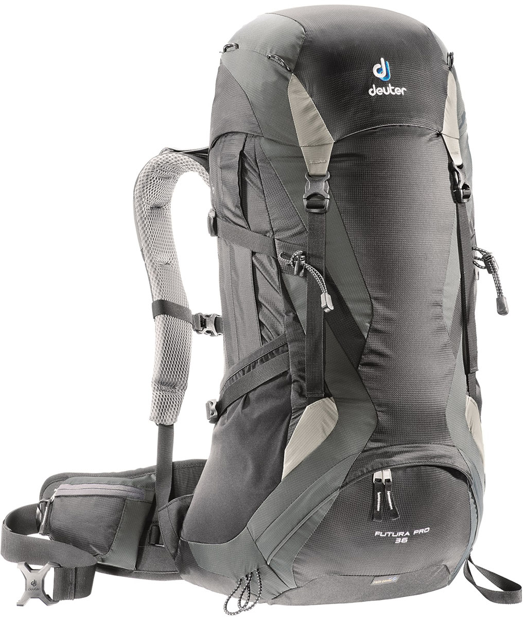 Рюкзак Deuter 2015 Aircomfort Futura Futura Pro 36, цвет: черный, 36л34274_7410 Рюкзак Deuter 2015 Aircomfort Futura Futura Pro 36, цвет: черный, 36л34274_7410Рюкзаки серии Deuter Futura Pro сочетают в себе три элемента, которые полностью раскрывают свои преимущества при длинных переходах с тяжелым грузом: превосходная система вентиляции Aircomfort, гибкая система подвески и удобный, плотно прилегающий набедренный пояс Vari Flex. Особенности: - набедренный пояс анатомической формы с мягкой подкладкой из двухслойного поропласта - застежка Pull-Forward (с затяжкой вперед) облегчает регулировку пояса - карман для мелких вещей в набедренном поясе - плечевые лямки анатомической формы из сетки Mesh Tex со стабилизирующими ремнями - боковые краманы со складками, карман в верхнем клапане, передний карман на молнии, два боковых сетчатых кармана - отделение для мокрой одежды, петли для телескопических палок и ледовых инструментов