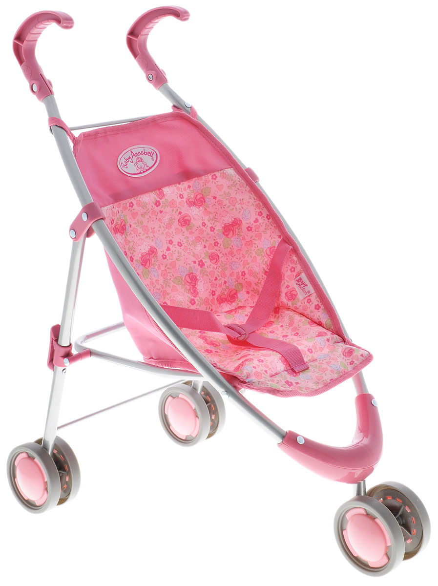 Baby Annabell Коляска-трость для куклы цвет розовый794-470 Baby Annabell Коляска-трость для куклы цвет розовый794-470Трехколесная коляска-трость для куклы Baby Annabell поможет сделать игру в Дочки-матери еще более увлекательной. Предназначена для всех кукол Baby Annabell высотой 46 см. Коляска имеет облегченный металлический каркас, сдвоенные колеса и сидение из розовой ткани с цветочным рисунком, которое при необходимости можно снять и постирать. Переднее колесо вращается на 360°, что обеспечивает высокую маневренность. Предусмотрены ремни безопасности, которыми можно надежно зафиксировать куклу. Ручки удобной закругленной формы выполнены из пластика. Коляска легко складывается по типу трости и не занимает много места, а небольшой вес позволяет легко управляться с ней. Такая коляска станет отличным подарком, который обрадует любую девочку и сделает игру с куклой особенно захватывающей!