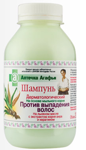 Аптечка Агафьи шампунь Против выпадения волос 300 мл071-5-3907 Аптечка Агафьи шампунь Против выпадения волос 300 мл071-5-3907Aктивные компоненты, входящие в состав шампуня, обеспечивают оздоровление луковицы волоса, стимулируют ее усиленное кровоснабжение, повышают тонус кожи. Корень аира – традиционное средство, применяемое при начинающемся облысении. Содержит большое количество витамина С, а также обладает выраженным антимикробным действием. Линоленовая ненасыщенная жирная кислота, входящая в состав льняного масла – природный эликсир молодости. Она улучшает клеточный обмен, укрепляет барьерную функцию кожи. Кератин – эластичный, прочный белок, входящий в состав волос и ногтей, удерживает влагу, препятствует обезвоживанию кожи головы и волос . Мыльный корень – это естественная, более щадящая основа для мытья волос, в отличие от используемой в обычных шампунях. Дерматологический шампунь рекомендуется как профилактическое средство против выпадения волос. Продукт прошел лабораторные испытания в ЦНИКВИ Минздрава России.