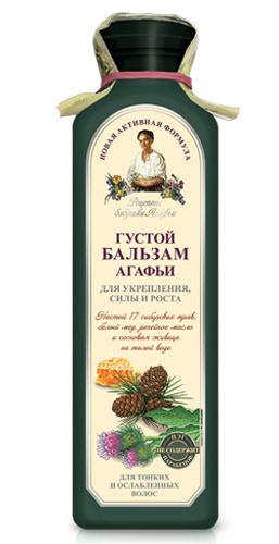 Рецепты бабушки Агафьи бальзам Густой Агафьи для укрепления, силы и роста 350 мл071-6-8636 Рецепты бабушки Агафьи бальзам Густой Агафьи для укрепления, силы и роста 350 мл071-6-8636Содержание в бальзаме талой воды обеспечивает кондиционирование волос, волосы становятся более мягкими, легко расчесываются, приобретают естественный блеск. Настой трав, белый мед, репейное масло служат увлажнением и питанием слабому волосу, укрепляют и стимулируют его рост. Сочетание активных питательных компонентов дарит вашим волосам комплексную заботу: укрепление, силу и рост.