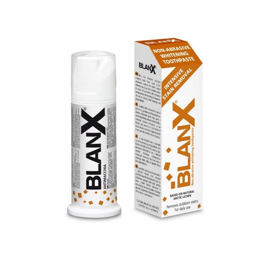 Blanx Интенсивное удаление пятен Med Stain Removal, 75 млGA1144300, GA11443 Blanx Интенсивное удаление пятен Med Stain Removal, 75 млGA1144300, GA11443Уникальная формула с арктическим лишайником, микропудрой бамбука и мягкими микрогранулами. Восстанавливает естественную белизну эмали, эффективно удаляя пятна, возникающие в результате курения, употребления кофе, красного вина, а также зубного налета. Инновационные активные ингредиенты борются с бактериями, которые являются причиной зубной дисхромии, появления зубного камня и кариеса, а также эффективно и бережно очищают и отбеливают зубную эмаль. Обладает низкой абразивностью и повышенным очищающим действием. Восстанавливает естественную белизну зубов