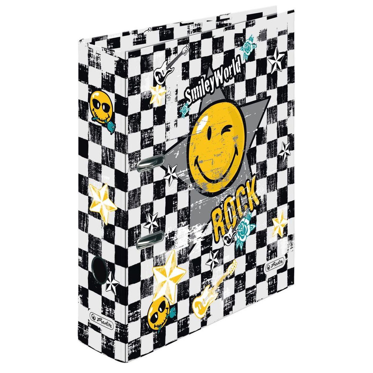 Herlitz Папка-регистратор MaX.file Smiley Rock цвет черный белый11222999 Herlitz Папка-регистратор MaX.file Smiley Rock цвет черный белый11222999Практичная папка-регистратор Herlitz MaX.file Smiley Rock предназначена для хранения больших объемов документов. Ее обложка выполнена из ламинированного картона. Папка оснащена прочным арочным механизмом улучшенного высокого качества с увеличенной прижимной силой. Основа папки изготовлена из прочного FSC-сертифицированного картона. Папка-регистратор значительно облегчает делопроизводство. Яркий дизайн, дополненный веселым смайлом, позволит ей стать достойным аксессуаром среди ваших канцелярских принадлежностей и дарить хорошее настроение.