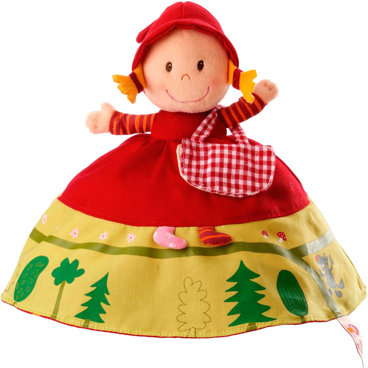 Lilliputiens Мягкая кукла Красная шапочка Бабушка Волк86158 Lilliputiens Мягкая кукла Красная шапочка Бабушка Волк86158Мягкая кукла Красная шапочка окажется самой необычной игрушкой вашей малышки. Кукла в длинном красно-белом платье. Если поднять платье Красной Шапочки - увидишь улыбающееся лицо Бабушки, затем снимешь шапочку Бабули и обнаружишь зубастого Волка. Ах да, Волк одет в Бабушкин розовый халат в цветочек, его серые лапы торчат из клетчатых рукавов. Путь через лес изображен в нижней части платья Красной Шапочки по кругу и заканчивается крадущимся Волком. Сумочка с фруктами и вареньем, которая открывается и закрывается щелчком, прикреплена к ее платью. Наряд Бабушки в нижней части демонстрирует иллюстрации ее дома - столы и стулья, кровать, а на обратной стороне у Волка в одежде Бабушки на животике есть красная заплатка, изображающая Дровосека. Открой заплатку, и ты увидишь бабушку и Красную Шапочку (Дровосек в конце сказки их освобождает). Забавные детали делают эту трехстороннюю мягкую куклу очень популярной, наряду с классической сказкой на экране. ...