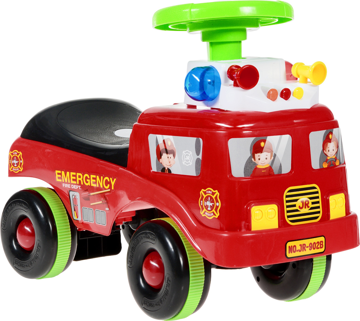 J.R. TOYS Каталка детская Пожарная машинаJR-902DR J.R. TOYS Каталка детская Пожарная машинаJR-902DRЯркая каталка детская J.R. TOYS Пожарная машина - настоящая находка для вашего малыша. Выполненная из безопасного пластика красного цвета, устойчивая и прочная каталка будет отличным средством передвижения вашего ребенка. Колеса игрушки прорезинены, что обеспечивает отличное сцепление с любой поверхностью пола. На такой игрушке ваш ребенок сможет с легкостью преодолевать любые препятствия. Для того чтобы покататься, малышу достаточно просто сесть на сиденье и, отталкиваясь ногами, катиться вперед. Каталка детская J.R. TOYS Пожарная машина улучшает координацию движений ребенка, баланс и моторику. На этой замечательной каталке ваш ребенок будет чувствовать себя комфортно и безопасно, а прогулки станут веселее и интереснее. Каталка обладает световыми и звуковыми эффектами для большей увлеченности малыша. Необходимо купить 2 батарейки типа АА (не входят в комплект).