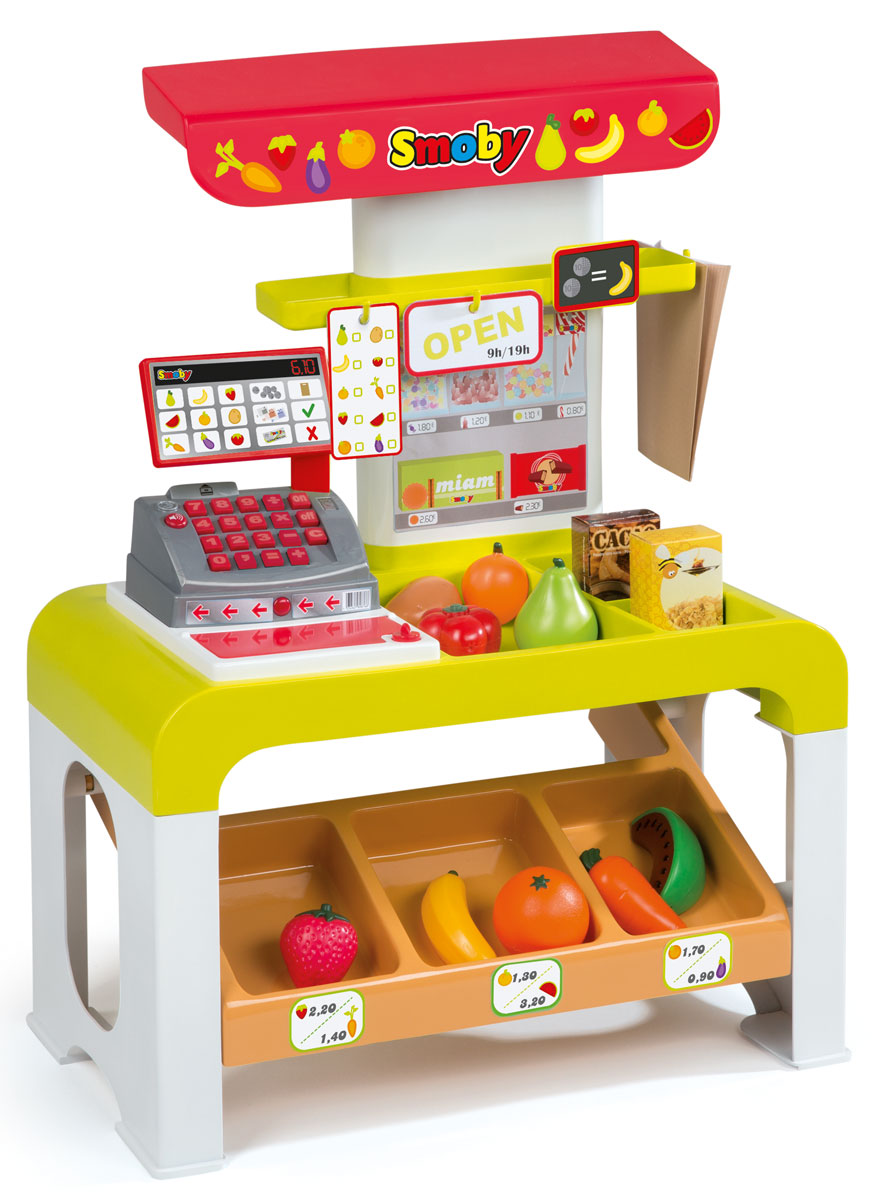 Smoby Игровой набор Супермаркет Storetronic24423 Smoby Игровой набор Супермаркет Storetronic24423Игровой набор Smoby Супермаркет Storetronic даст возможность ребенку научиться правильно действовать в магазине, самостоятельно осуществлять покупки, контролировать деньги и правильно вести наличный денежный расчет, оплачивать покупки банковской карточкой. Касса в этом наборе - электронная, со звуковыми эффектами. В набор входят прилавок супермаркета, касса, муляжи продуктов для продажи, деньги для покупок (бумажные и мелочь), банковская карта, аксессуары. Приглашайте друзей, выдавайте им игрушечные деньги и начинайте торговаться, пришло время выяснить, кто станет самым лучшим продавцом и получит больше всего прибыли. Кроме того, подсчитывая деньги и работая с кассой, ребенок расширит свои знания в области арифметики и научится лучше считать. Ведь он поймет, как навыки, которые он получает в детском саду и школе, можно применить в жизни. Необходимо купить 3 батарейки типа АА (не входят в комплект).