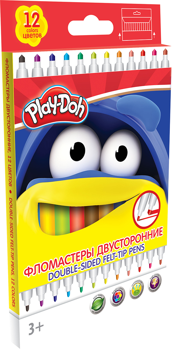 Play-Doh Набор двусторонних фломастеров 12 цветовPDCP-US1-10MB-12 Play-Doh Набор двусторонних фломастеров 12 цветовPDCP-US1-10MB-12Набор двусторонних фломастеров Play-Doh с наконечниками разной толщины, предназначенный специально для рисования и закрашивания, обязательно порадует юных художников и поможет им создать яркие и неповторимые картинки. Корпус фломастеров изготовлен из высококачественного нетоксичного пластика, а вентилируемый колпачок увеличивает срок службы чернил и предотвращает их преждевременное высыхание. А благодаря нейлоновому стержню, увеличенному содержанию чернил и улучшенному пишущему узлу фломастеры прослужат еще дольше! Набор включает в себя 12 фломастеров ярких насыщенных цветов.