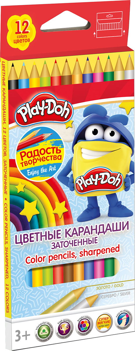 Play-Doh Набор цветных карандашей 12 цветовPDCP-US1-3QP-12 Play-Doh Набор цветных карандашей 12 цветовPDCP-US1-3QP-12Цветные карандаши Play-Doh откроют юным художникам новые горизонты для творчества, а также помогут отлично развить мелкую моторику рук, цветовое восприятие, фантазию и воображение. Эргономичная трехгранная форма корпуса прививает навык правильно держать пишущий инструмент и удобна для маленьких детских ручек. Специальное покрытие и лакировка уменьшает скольжение, что делает процесс рисования максимально комфортным. Мягкий ударопрочный грифель не ломается и не крошится при заточке. Набор включает 12 заточенных карандашей ярких насыщенных цветов, включая золотистый и серебристый.