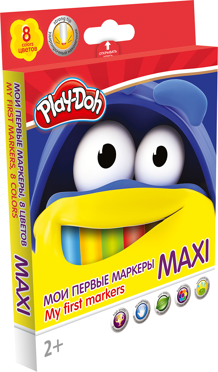 Play-Doh Набор маркеров Maxi 8 цветовPDCP-US1-5MB-8 Play-Doh Набор маркеров Maxi 8 цветовPDCP-US1-5MB-8Набор оригинальных маркеров для самых маленьких Play-Doh Maxi - настоящее сокровище для юного декоратора. Данные фломастеры разработаны специально для малышей от 2 лет. Утолщенный корпус фломастеров изготовлен из высококачественного нетоксичного пластика, а вентилируемый колпачок увеличивает срок службы чернил и предотвращает их преждевременное высыхание. Фетровый наконечник закругленной формы выдерживает самый сильный нажим и удар. Рисует под любым углом. Набор включает в себя 8 маркеров ярких насыщенных цветов. Набор, предназначенный специально для рисования и закрашивания, обязательно порадует юных художников и поможет им создать яркие и неповторимые картинки.