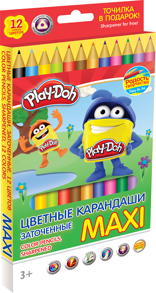 Play-Doh Набор цветных карандашей Maxi 12 цветовPDCP-US1-8QP-12 Play-Doh Набор цветных карандашей Maxi 12 цветовPDCP-US1-8QP-12Цветные карандаши Play-Doh Maxi откроют юным художникам новые горизонты для творчества, а также помогут отлично развить мелкую моторику рук, цветовое восприятие, фантазию и воображение. Карандаши удобно держать в руках, а утолщенный мягкий грифель не требует сильного нажима. Трехгранная форма корпуса прививает навык правильно держать пишущий инструмент. Комплект включает 12 заточенных карандашей ярких насыщенных цветов, а также точилку.