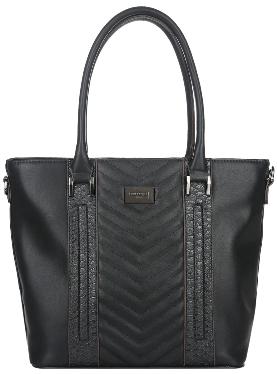 Сумка женская David Jones, цвет: черный. 5004-25004-2 BLACK Сумка женская David Jones, цвет: черный. 5004-25004-2 BLACKЭлегантная сумка David Jones выполнена из искусственной кожи с гладкой фактурой, оформлена металлической пластиной с гравировкой в виде логотипа бренда. Лицевая сторона декорирована отделочной строчкой и вставками из искусственной кожи с тиснением под кожу рептилии. Изделие имеет одно отделение, закрывающееся на застежку-молнию. Внутри сумки размещены два накладных кармана для мелочей и врезной карман на застежке-молнии. Снаружи, на задней стороне изделия, расположен врезной карман на молнии. Сумка оснащена двумя удобными ручками и съемным плечевым ремнем регулируемой длины. Дно изделия защищено металлическими ножками. Модная сумка идеально подчеркнет ваш неповторимый стиль.