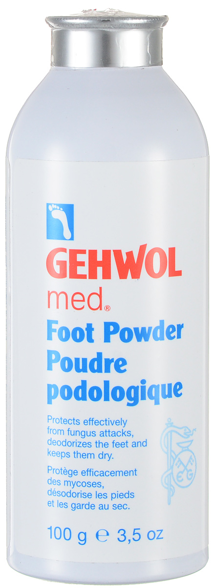 Gehwol Med Foot Powder - Пудра для ног 100 гр1*40906 Gehwol Med Foot Powder - Пудра для ног 100 гр1*40906Пудра Геволь-мед (Gehwol med Foot Powder) - cпециальная пудра-адсорбент для решения проблемы влажных ног (в составе оксид цинка), грибка и неприятного запаха. Пудра предупреждает болезни ног, связанные с излишком влаги и процессом разложения пота на поверхности кожи, препятствует раздражению и воспалению кожи ног. Она впитывает влагу с поверхности кожи и помогает сохранять ноги сухими, избавляет от неприятного запаха, дезодорируя кожу. Освежающие компоненты (ментол) создают ощущение легкости и прохлады. Пудра также придает коже ощущение нежности и бархатистости. Особенно рекомендуется как защитное от инфицирования средство в открытой обуви. Активные компоненты: окcид цинка, ментол, тальк, бисаболол, тимол, триклозан. Назначение: Предупреждает болезни ног, связанные с излишком влаги и процессом разложения пота на поверхности кожи. Помогает сохранять ноги сухими. Препятствует раздражению и воспалению кожи ног. Избавляет от неприятного запаха, дезодорируя кожу. Создает ощущение легкости...