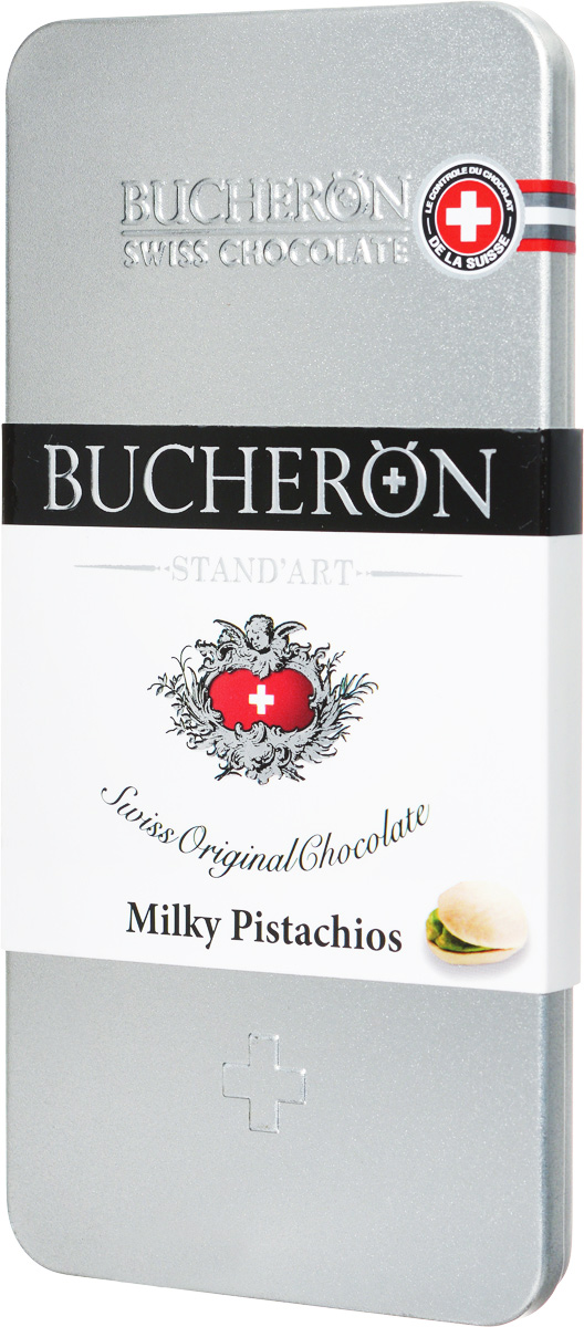 Bucheron Молочный шоколад с фисташками, 100 г14 6775 Bucheron Молочный шоколад с фисташками, 100 г14 6775Шоколад премиум класса Bucheron, упакованный в серебряную жестяную упаковку, - это настоящий швейцарский молочный шоколад с фисташками. Молочный шоколад Бушерон был приготовлен из какао-бобов Criollo из Кот- дИвуар, скрывающих в себе оттенки топленого молока, бананов, нежнейшего бисквита и овсяного печенья. Ярославская кондитерская фабрика выпускает этот шоколад под полным контролем швейцарского концерна Барри Каллебаут. Барри Каллебаут - ведущий в мире производитель высококачественного шоколада и какао- продуктов. Компания осуществляет полный цикл операций от закупки и обработки какао-бобов до производства готовых шоколадных продуктов высшего класса.