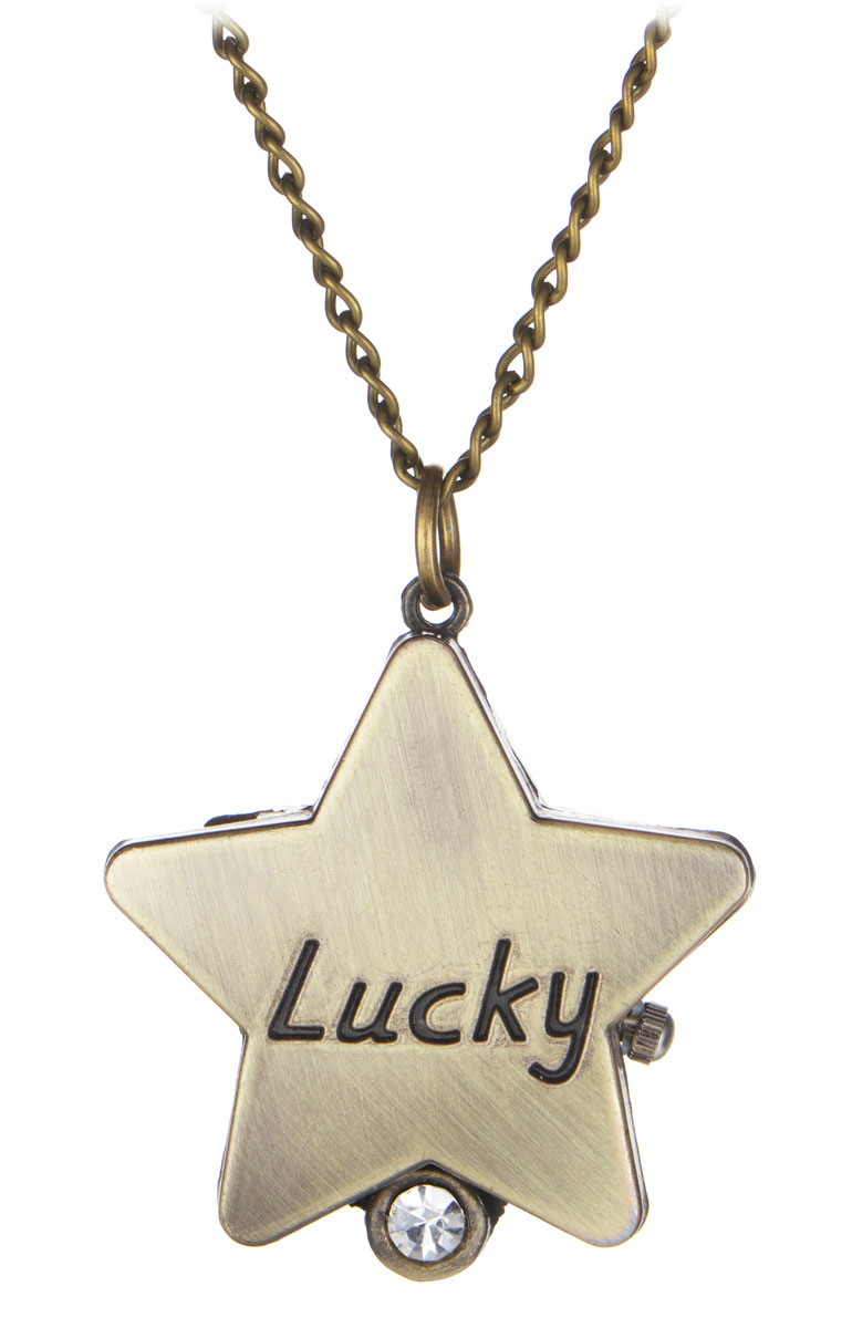 Кулон-часы Lucky. ANTIK-054ANTIK-054 Кулон-часы Lucky. ANTIK-054ANTIK-054Оригинальный кулон-часы Lucky - стильный аксессуар с элементом функциональности. Представляет собой цепочку из металлического сплава с подвеской в виде звезды. Корпус цвета античного золота выполнен из металла, декорирован тиснением в виде надписи Lucky и инкрустирован стразом. Внутри корпуса под крышкой располагаются кварцевые часики с круглым циферблатом и тремя стрелками. Цепочка застегивается на карабин. Этот яркий и необычный аксессуар, несомненно, привлечет внимание и добавит вашему образу загадочности и индивидуальности.