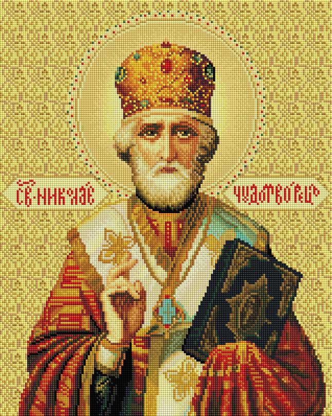 Мозаика на подрамнике Николай Чудотворец, 40 х 50 см076-ST-S Мозаика на подрамнике Николай Чудотворец, 40 х 50 см076-ST-SОснова мозаичной картины - холст на подрамнике усиленный листом оргалита. Тип камней: квадратные 2,5 см х 2,5 мм. Размер готовой работы: 40 см х 50 см. 58 цветов.