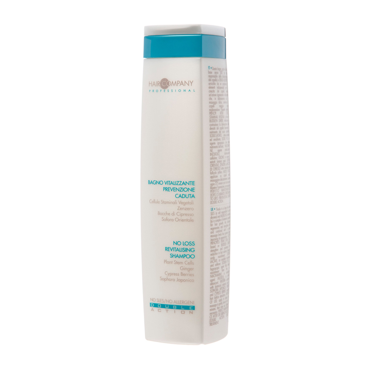 Hair Company Специальный шампунь против выпадения волос Double Action No Loss Revitalising Shampoo 250 мл252618/LB11644 RUS Hair Company Специальный шампунь против выпадения волос Double Action No Loss Revitalising Shampoo 250 мл252618/LB11644 RUSCпециальный шампунь против выпадения волос Hair Company Double Action No Loss Revitalising Shampoo особо тщательно и одновременно мягко очищает волосы и кожу головы. Обладает смягчающим, восстанавливающим и укрепляющим действием, которое, в сочетании с легким массажем, придает волосам тонус, улучшая их внешний вид. Действие шампуня основано на силе активных растительных и поливитаминных компонентов: имбирь, японская софора, инозитол, ягоды кипариса препятствуют выпадению, стимулируют рост и восстановление волос. Стволовые клетки растительного происхождения на основе Будлея давида, укрепляют и противостоят ослаблению структуры волос, обеспечивая питание кожного покрова. Шампунь придает волосам жизненный тонус, чувство свежести и легкости. Они становятся более привлекательными, послушными и необыкновенно мягкими на ощупь.