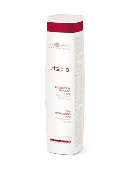 Hair Company Глубокое восстановление шаг 3 Triple Action Deep Restructuring Step 3 250 мл253790/LB11947 RUS Hair Company Глубокое восстановление шаг 3 Triple Action Deep Restructuring Step 3 250 мл253790/LB11947 RUSЗавершающий этап процедуры глубокого восстановления волос Hair Company Triple Action Step 3 deep restructuring разглаживает и защищает поверхность волос (кутикулу). Благодары кондиционирующему эффекту волосы будут легко расчесываться, а тонкая пленка на поверхности защитит их при укладке. Содержит белок кашемира (Protein Cashemire) — комплекс аминокислот, обладающий сильным увлажняющим действием, который проникает в волосяную луковицу, восстанавливает и кондиционирует волосы и хлопковое масло (Cotton oil) — питает волосы, делает их мягкими, струящимися и шелковистыми. Третий шаг выглаживает внешнюю часть волос, закрывает чешуйки легкой пленкой, делает поверхность ровной, придает волосам красивый блеск.