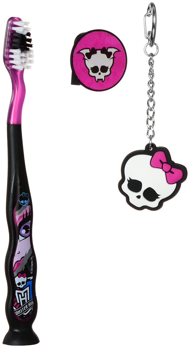 Monster High Зубная щетка на присоске с защитным колпачком и брелоком FangtasticMH-4_черный, розовый Monster High Зубная щетка на присоске с защитным колпачком и брелоком FangtasticMH-4_черный, розовыйДетская зубная щетка на присоске с защитным колпачком Monster High Fangtastic идеальна для детского ротика. Щетка имеет эргономичную ручку с присоской, небольшую чистящую головку, цветовое поле мягкой щетины для оптимального дозирования пасты. Ручка оформлена изображением героя мультсериала Monster High. В комплекте с щеткой идет защитный колпачок с меняющимся при наклоне изображением, а также брелок в виде черепа.