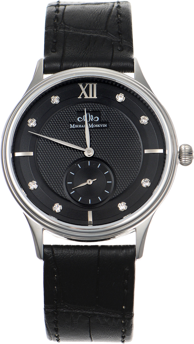 Часы наручные мужские Mikhail Moskvin Elegance, цвет: черный, серебристый. G5002S0L1G5002S0L1 Часы наручные мужские Mikhail Moskvin Elegance, цвет: черный, серебристый. G5002S0L1G5002S0L1Стильные мужские наручные часы сдержанного классического дизайна Mikhail Moskvin из серии Elegance изготовлены из высокотехнологичной гипоаллергенной нержавеющей стали и натуральной кожи. Модель органично сочетает в себе технологичность и строгость, оформлена символикой бренда и стразами. Для того чтобы защитить циферблат от повреждений в часах используется высокопрочное сапфировое стекло. Циферблат изделия оснащен часовой и минутной стрелками, а также украшен шкалой секундной стрелки, вынесенной к цифре 6 и чередующимися отметками. Корпус часов оснащен кварцевым японским механизмом, степенью влагозащиты равной 3 Bar. Браслет комплектуется надежной и удобной в использовании застежкой-пряжкой, которая позволит с легкостью снимать и надевать часы, а также регулировать длину браслета. Часы упакованы в фирменную коробку и дополнительно в текстильную сумку с названием бренда. Часы Mikhail Moskvin подчеркнут мужской характер и отменное чувство стиля их обладателя.