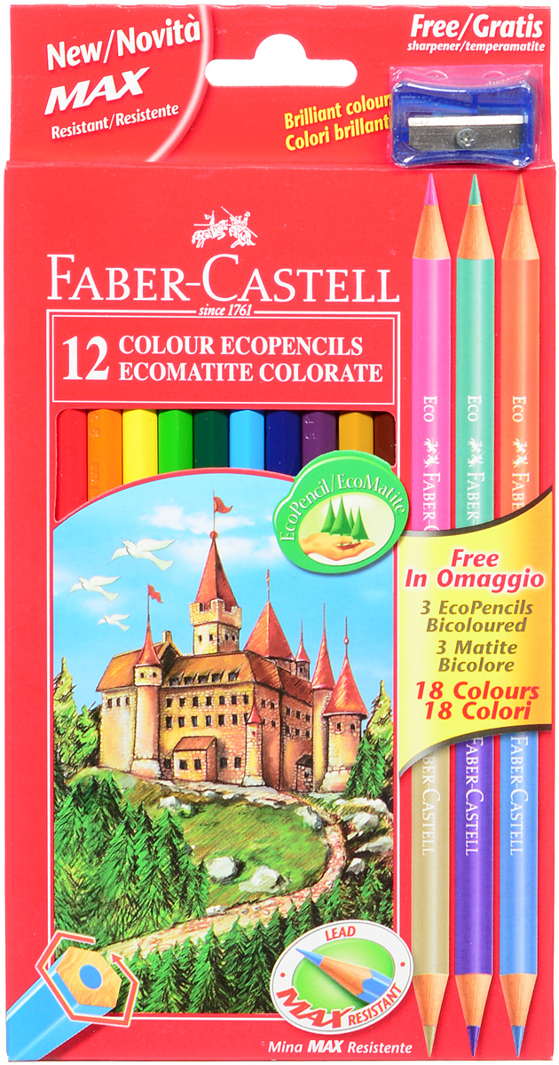 Faber-Castell Набор цветных карандашей Eco 15 цветов с точилкой цвет точилки синий111215_синяя точилка Faber-Castell Набор цветных карандашей Eco 15 цветов с точилкой цвет точилки синий111215_синяя точилкаВ наборе Faber-Castell 12 цветных шестигранных карандашей, не требующих сильного нажатия. Карандаши обладают яркими цветами, безопасны при использовании по назначению, легко затачиваются, изготовлены из высококачественной древесины, имеют прочный грифель. Набор дополнен тремя круглыми карандашами, каждый из которых имеет по два цвета. Набор карандашей откроет юным художникам новые горизонты для творчества, поможет отлично развить мелкую моторику рук, цветовое восприятие, фантазию и воображение. Корпус изготовлен из натуральной древесины, гладкость которой обеспечена многослойной покраской. Карандаши удобно держать в руках, а мягкий грифель не требует сильного нажима и легко стирается ластиком. Вместе с карандашами в наборе имеется точилка синего цвета из прочного пластика с рифленой областью захвата. Острое стальное лезвие обеспечивает высококачественную и точную заточку деревянных карандашей. В комплект входит 15 цветных карандашей, точилка.