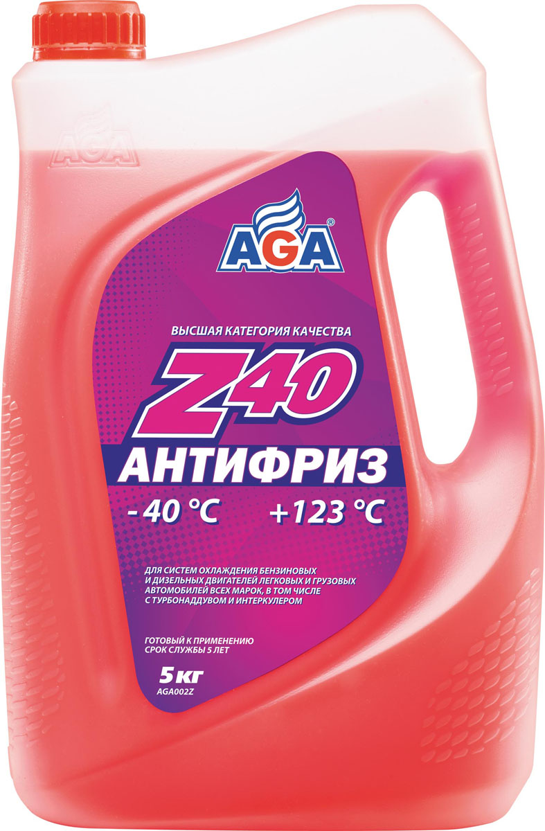 Антифриз, готовый к применению AGA, красный, -40 °С. AGA 002 ZAGA 002 Z Антифриз, готовый к применению AGA, красный, -40 °С. AGA 002 ZAGA 002 ZСрок службы — до 5 лет, или 150 000 км пробега. Рабочий диапазон температур: от –40 до +123 °C. Отличается повышенной проникающей способностью в микрорельеф охлаждаемых поверхностей, что улучшает теплоотвод, особенно при высоких нагрузках. Антифриз разработан с учетом требований: ASTM?D?4985/5345; BMW N600 69.0; DaimlerChrysler DBL 7700.20; Audi, Porsche, Seat, Skoda, VW TL 774?F, type G-12+; Ford WSS–M97 B44–D, ТТМ АвтоВАЗ.