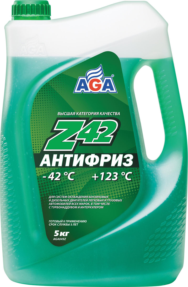 Антифриз, готовый к применению AGA, зеленый, -42 °С. AGA 049 ZAGA 049 Z Антифриз, готовый к применению AGA, зеленый, -42 °С. AGA 049 ZAGA 049 ZСрок службы — до 5 лет, или 150 000 км пробега. Рабочий диапазон температур: от –42 до +123 °C. Отличается усиленной антикавитационной защитой припоя, алюминия, меди, латуни, стали и чугуна. Разработан с учетом требований: ASTM D 4985/5345; BMW N600 69.0; DaimlerChrysler DBL 7700.20; Audi, Porsche, Seat, Skoda, VW TL 774?D; G-48; Ford WSS-M97 B44?D, TTM АвтоВАЗ.