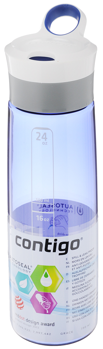 Бутылка для воды Contigo Grace, цвет: синий, белый, 750 млcontigo0202 Бутылка для воды Contigo Grace, цвет: синий, белый, 750 млcontigo0202Бутылка для воды Contigo Grace изготовлена из высококачественного прозрачного пластика, безопасного для здоровья. Закручивающаяся крышка с герметичным клапаном для питья обеспечивает защиту от проливания. Оптимальный объем бутылки позволяет взять небольшую порцию напитка. Она легко помещается в сумке или рюкзаке и всегда будет под рукой. Изделие имеет мерную шкалу, которая позволит контролировать количество жидкости. Такая идеальная бутылка небольшого размера, но отличной вместимости наполняет оптимизмом, даря заряд позитива и хорошего настроения. Бутылка для воды Contigo Grace - отличное решение для прогулки, пикника, автомобильной поездки, занятий спортом и фитнесом. Высота бутылки (с учетом крышки): 26 см. Диаметр дна: 6,5 см.