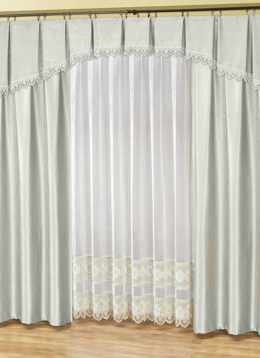 Комплект штор Haft, цвет: стальной, высота 250 см. 28890/25028890/250 Комплект штор Haft, цвет: стальной, высота 250 см. 28890/25028890/250Комплект штор в спальню, состоящий из двух портьер стального цвета из плотной жаккардовой ткани, ламбрекена в тон в виде арки из той же ткани, украшенного кружевом и тюля в мелкую сетку с узором цвета золото. Хорошее затемнение пространства, 85-90% Размеры: тюль-ширина 500смх высота 250см,шторы- (высота 250смх ширина 170см)х2,ламбрекен высота 40см*ширина 500см